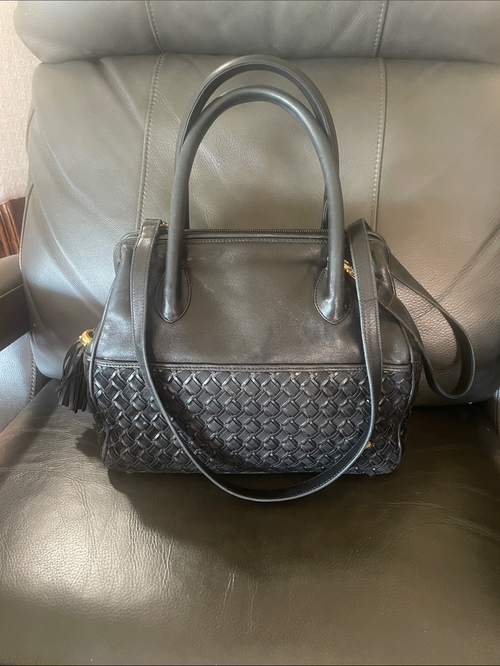 Bally Black Woven Leather Satchel with Tassel